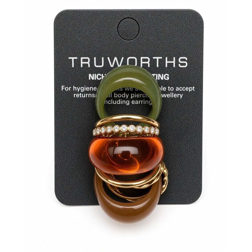 Truworths Gold Tone & Resin Ring Set – Nickel Free – Green Orange Brown Domes + - Picture 2 of 4